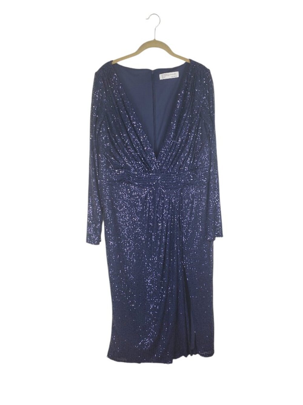 Ieena Mac Duggal Long Sleeve Midi Cocktail Dress Navy Blue Sequin Womens 14